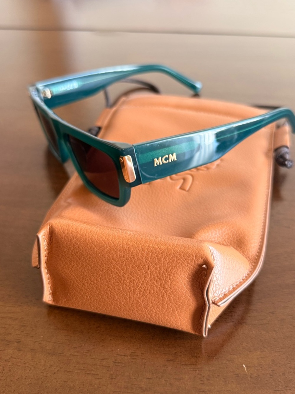 MCM Glossy Teal Rectangular Sunglasses with Gold Accents